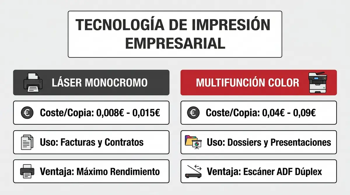 Infografía comparativa entre impresoras láser monocromo y multifunción color con costes por copia y aplicaciones