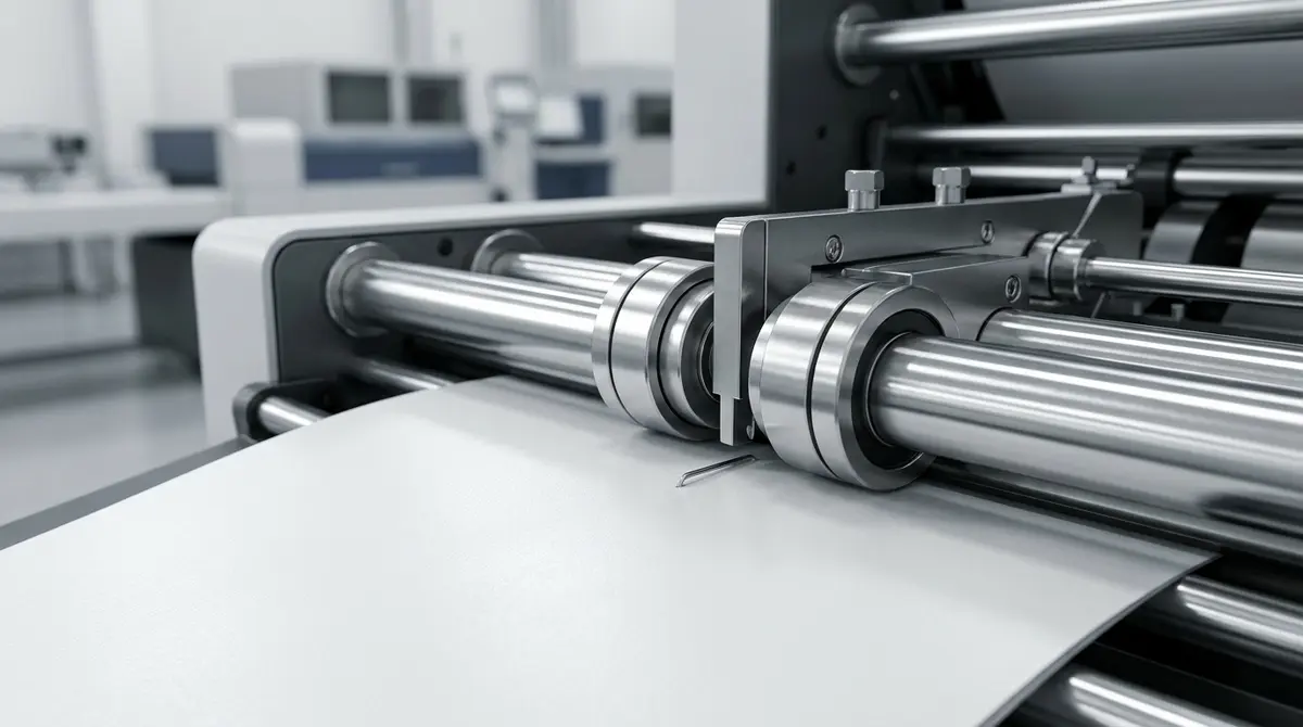 Detalle macro de un módulo de acabado automático efectuando plegado y grapado en un equipo de alta producción
