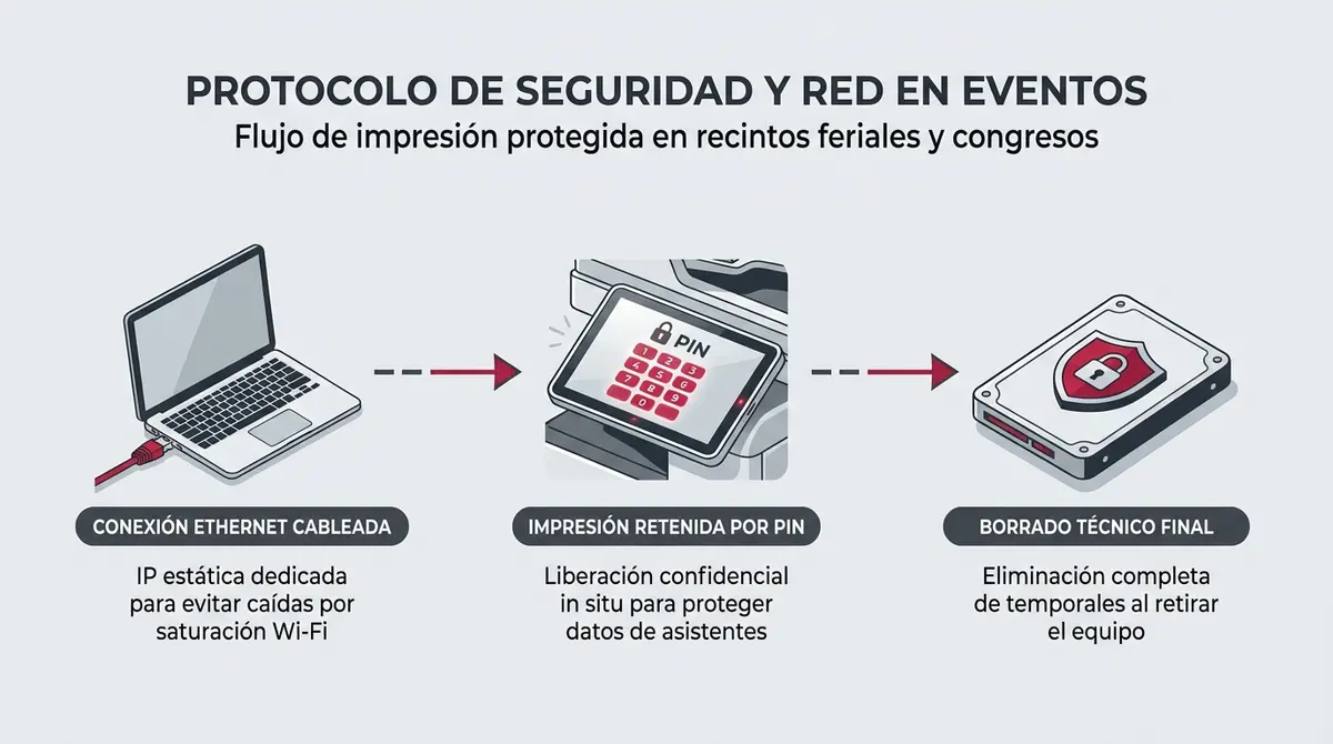 Diagrama de arquitectura de red e impresión segura con PIN para recintos feriales