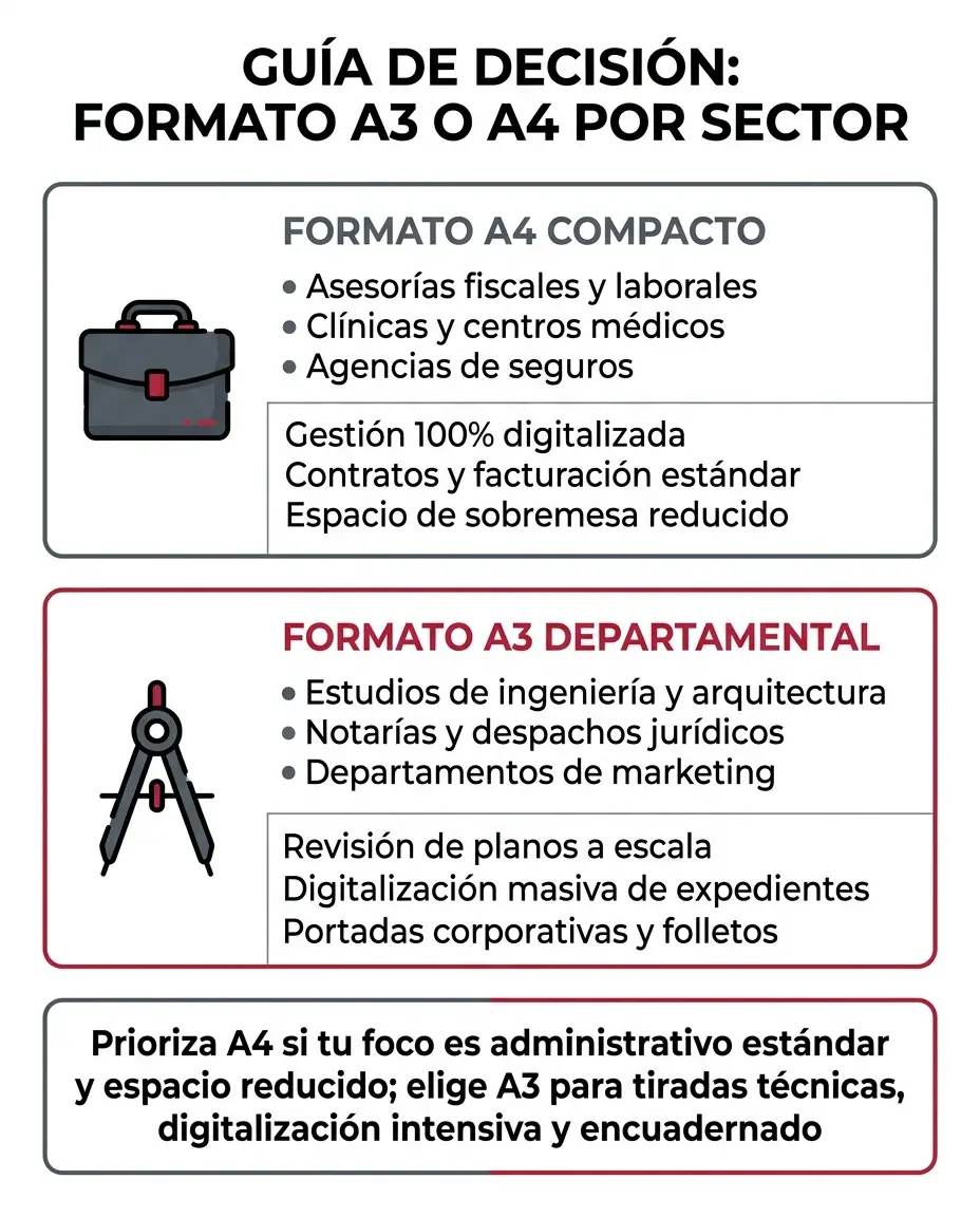 Infografía con guía de decisión entre multifunción A3 o A4 según el sector profesional