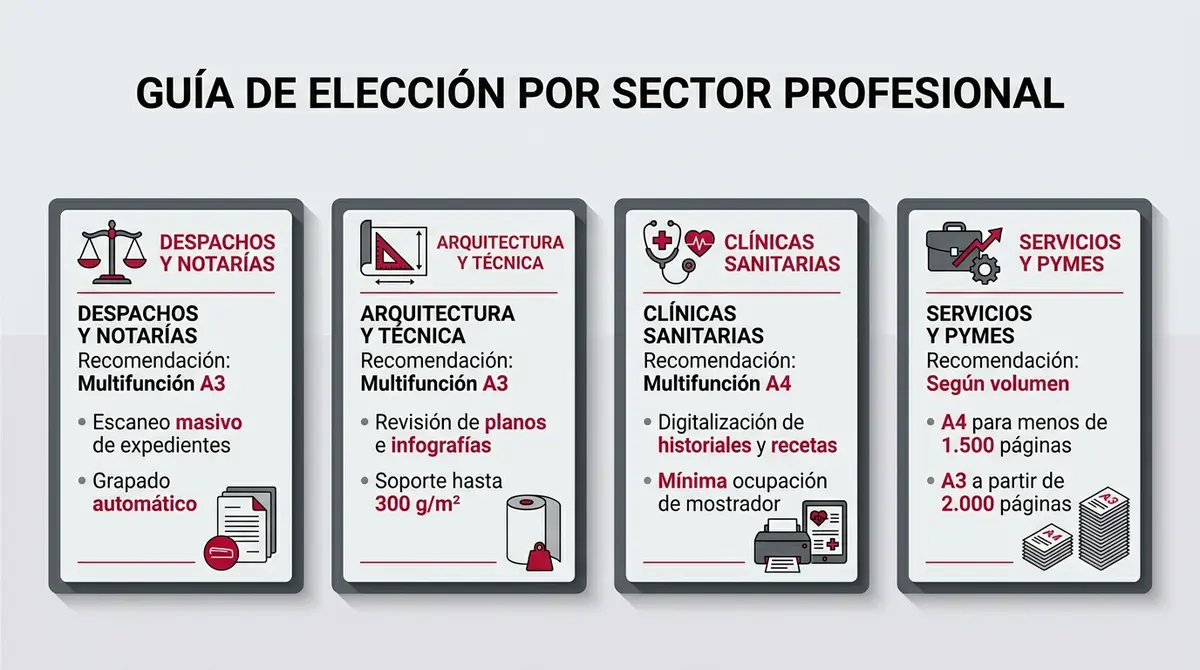 Guía visual para seleccionar impresora multifunción A3 o A4 según el sector profesional de la empresa